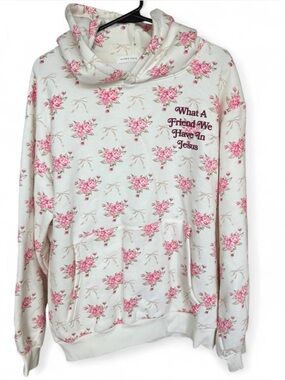 Altar'd State Cream Floral Hoodie with Pink Roses and Script